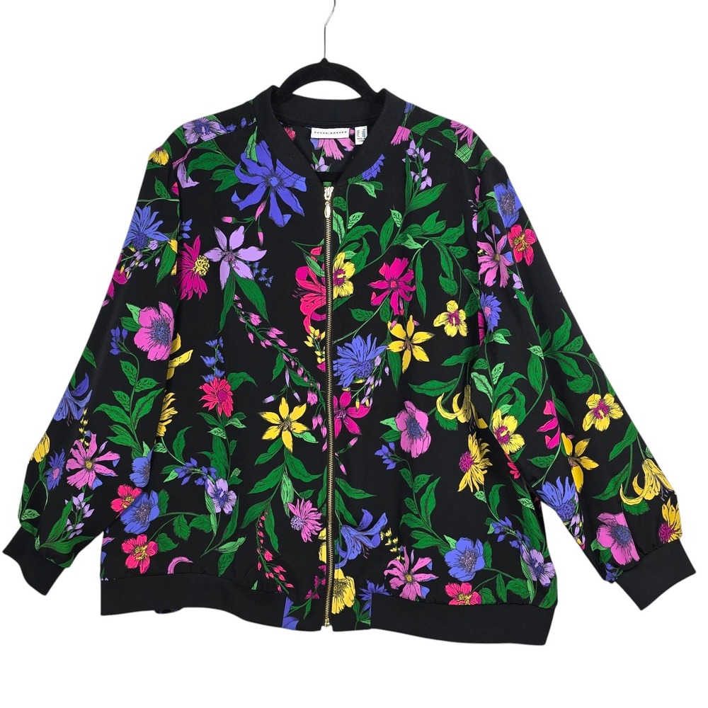 Susan Graver Women 2Xโ Floral Bomber Jacket Black Multicolor Zip Up Lightweight